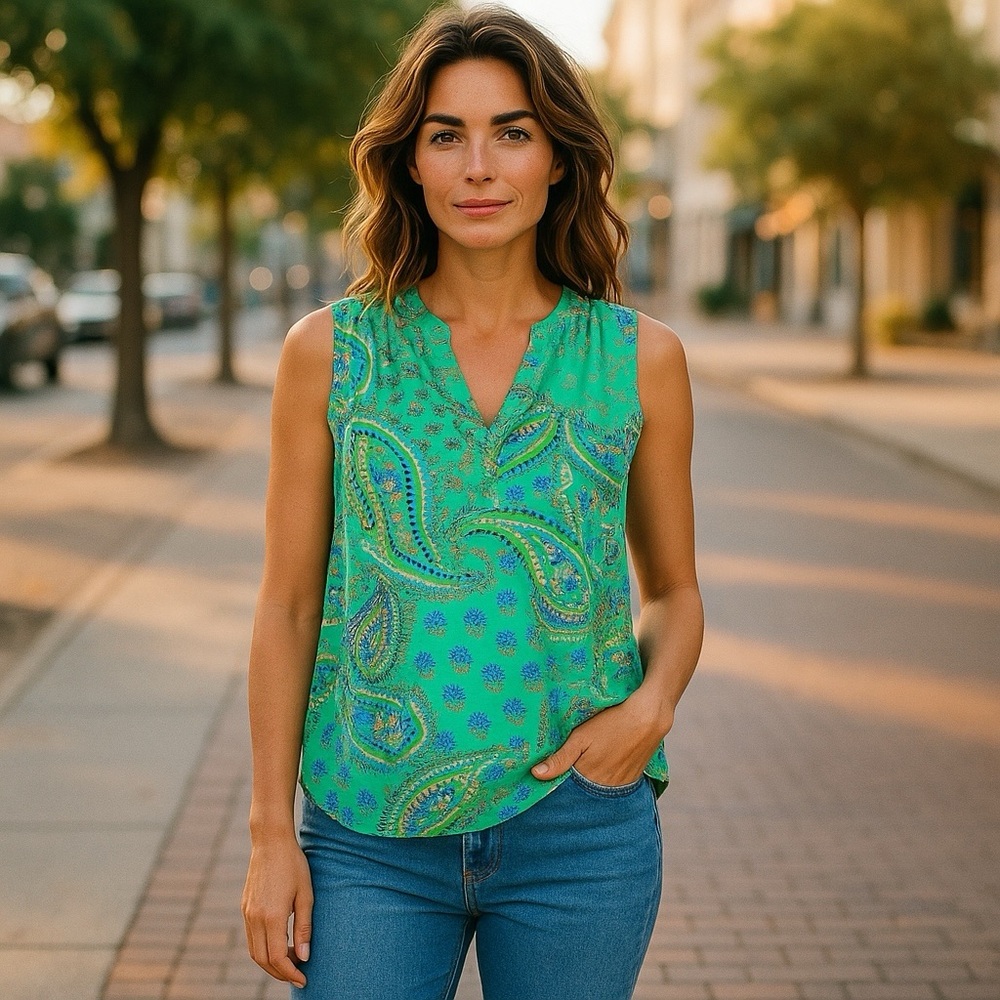 🦚Collective Concepts paisley green sleeveless top.